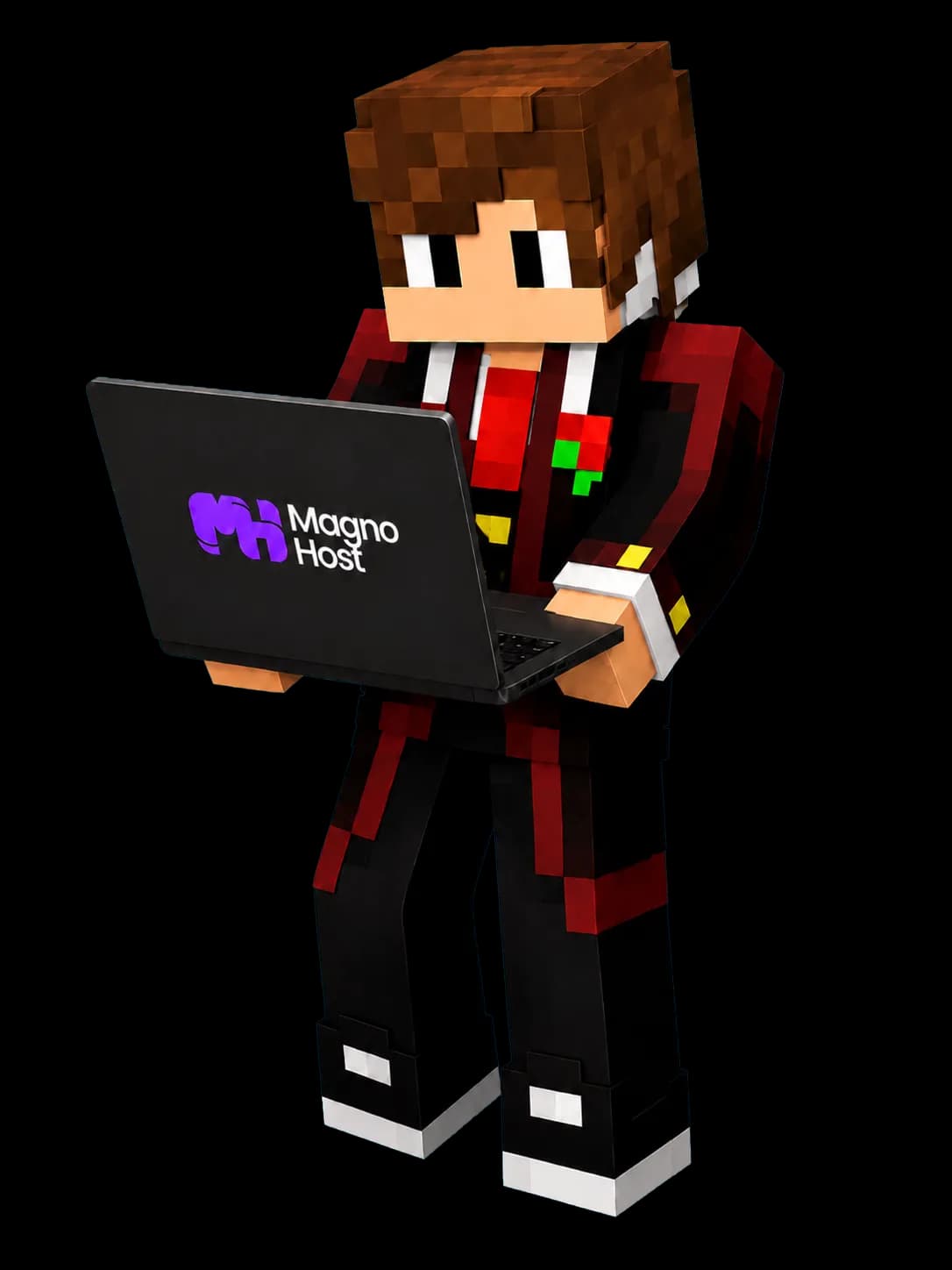 Personagem de Minecraft segurando um notebook com o logo da MagnoHost