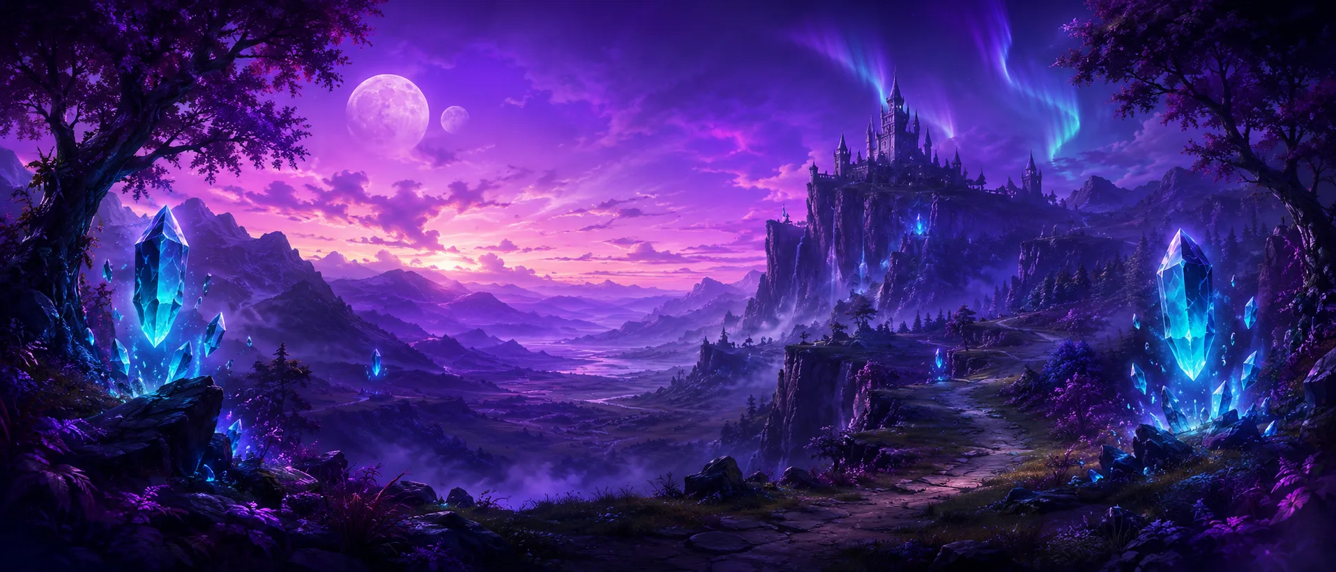 Vale de fantasia ao entardecer com castelo num penhasco, cristais brilhantes, duas luas e aurora