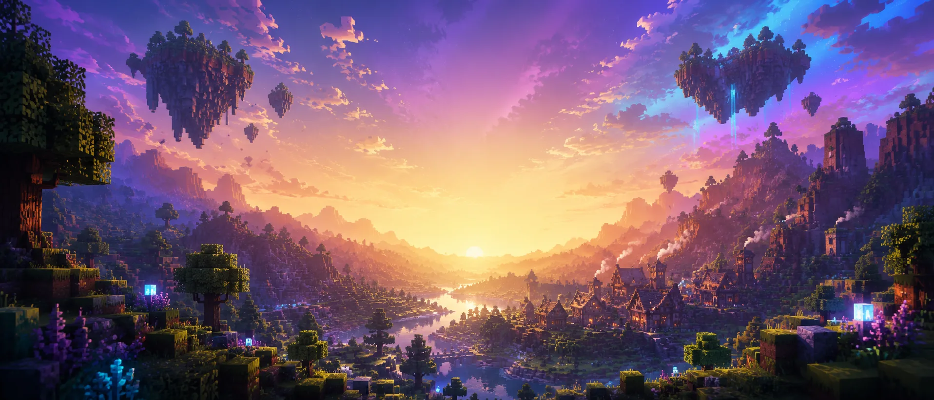 Paisagem voxel cinematográfica ao pôr do sol, com vilarejo, rio e ilhas flutuantes