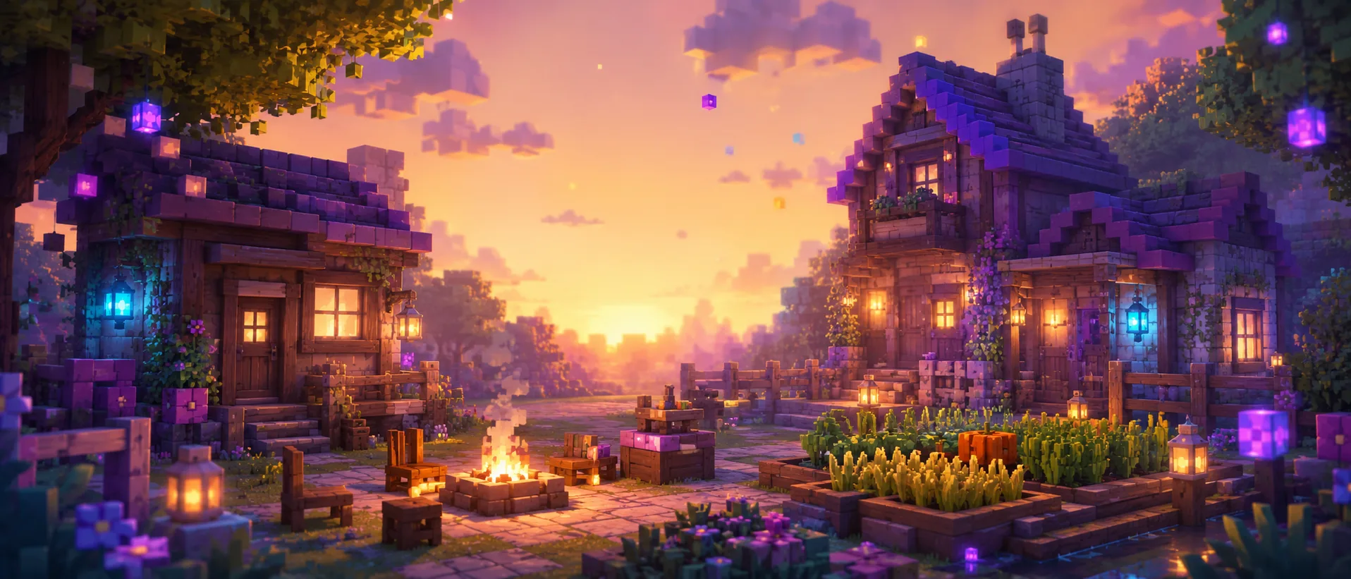 Vila voxel aconchegante ao pôr do sol com casinhas iluminadas, fogueira e plantação
